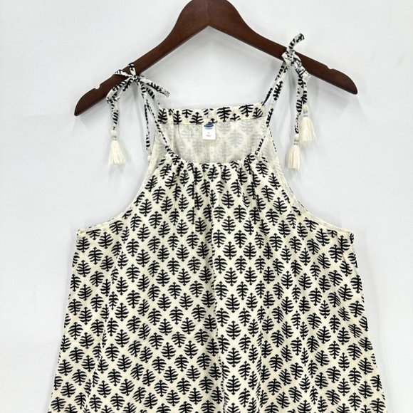Old Navy Mini Dress Womens Sleeveless Tie Shoulder Ikat Lace Hem Black Cream M - Picture 3 of 11